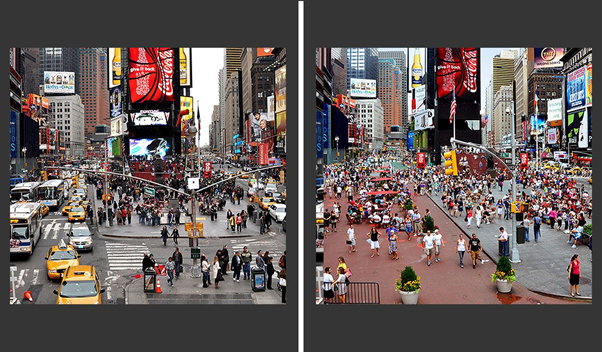 a comparison between time square before and after tactical urbanization